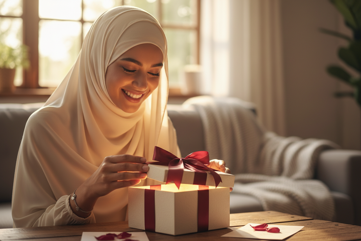 Muslim woman opening a simple gift box