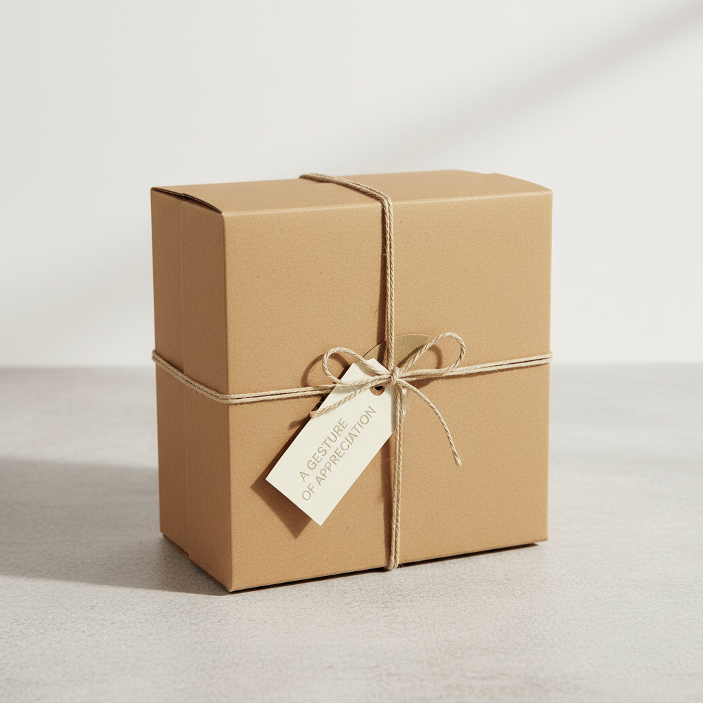 Square kraft gift box with wrapping for a corporate gift