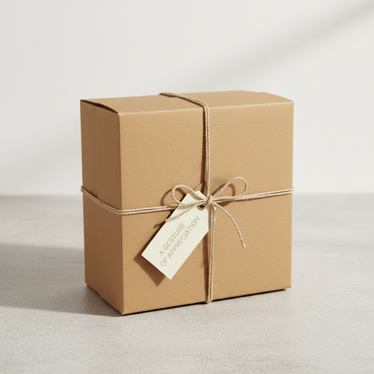 Square kraft gift box with wrapping for a corporate gift